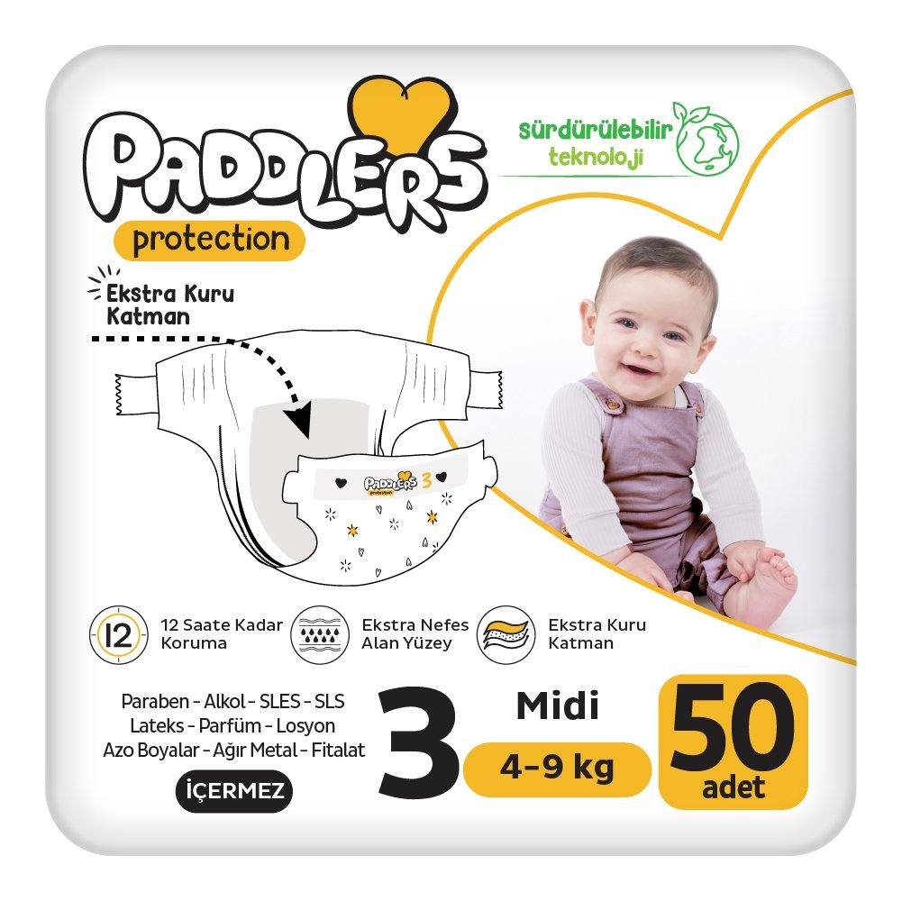 Paddlers Protection Bebek Bezi 3 Numara Midi 50 Adet (4-9 Kg) Jumbo Paket