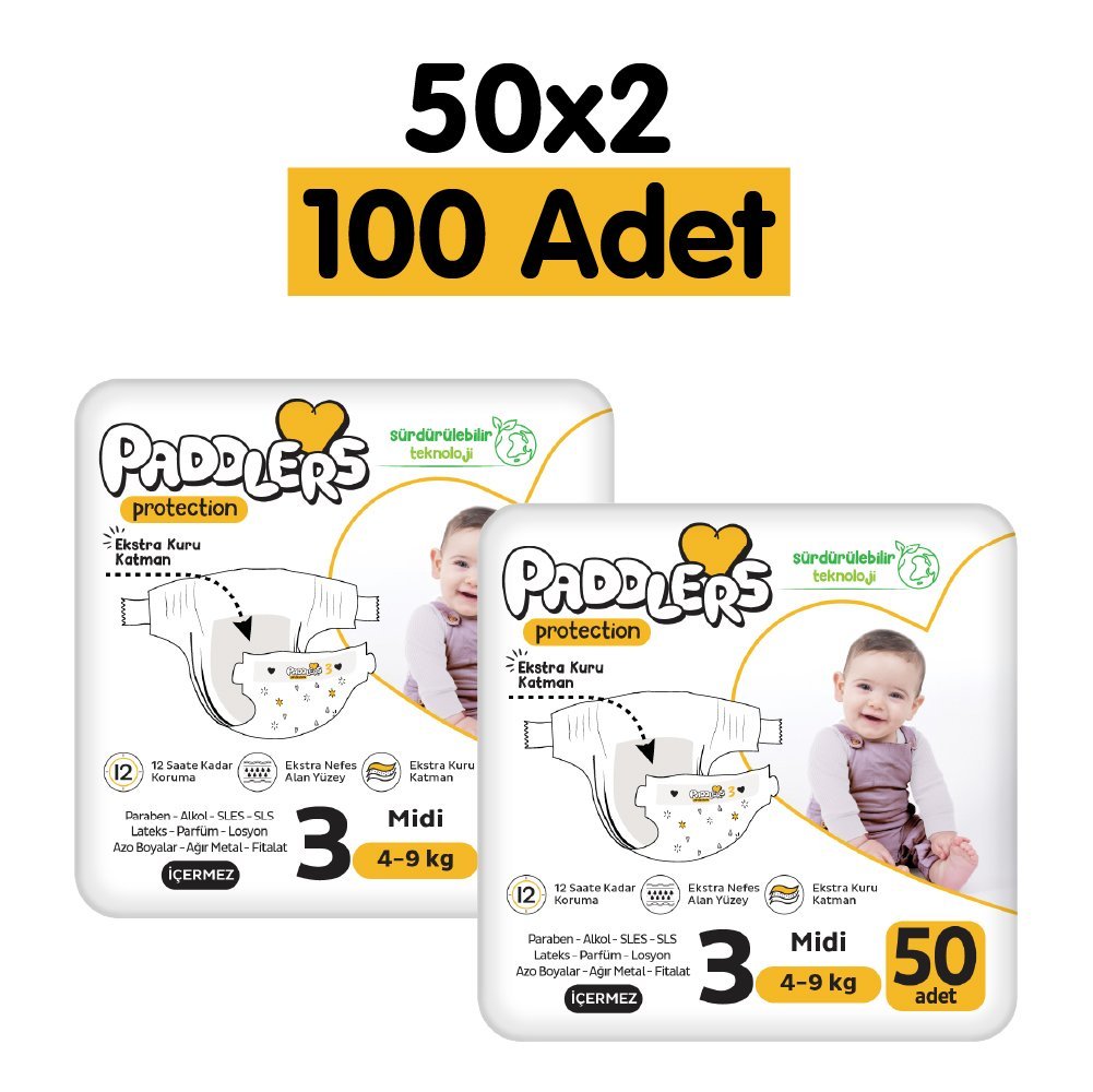 Paddlers Protection Bebek Bezi 3 Numara Midi 100 Adet (4-9 Kg) 2'li Jumbo Set