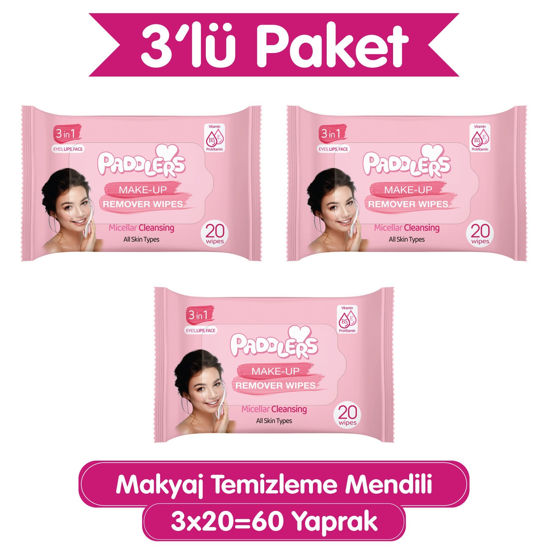 Paddlers 3'ü 1 Arada Makyaj Temizleme Mendili 3x20 (60 Yaprak)