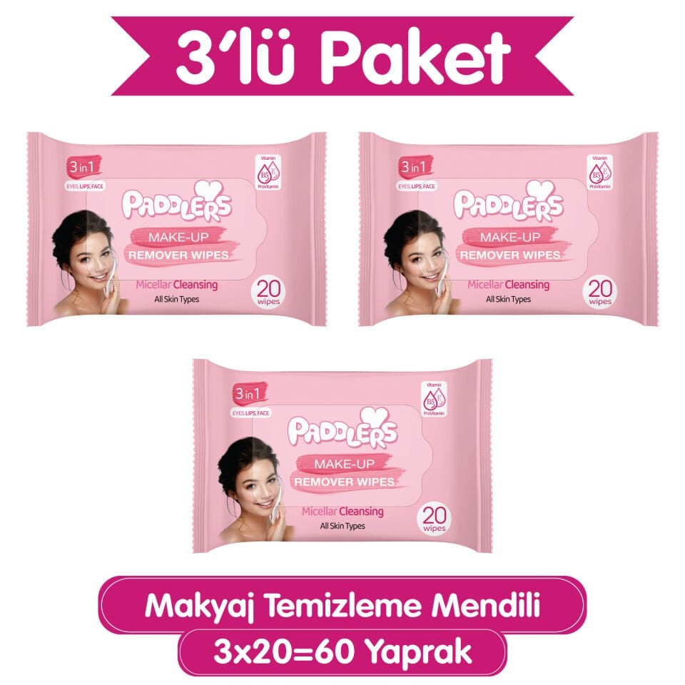 Paddlers 3'ü 1 Arada Makyaj Temizleme Mendili 3x20 (60 Yaprak)