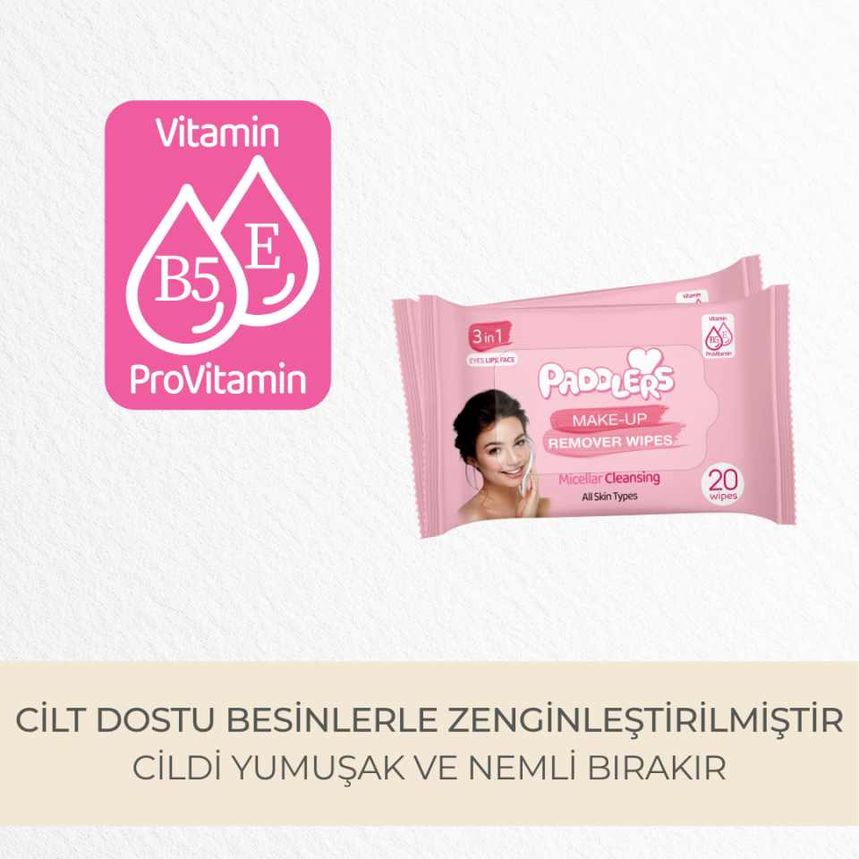 Paddlers 3'ü 1 Arada Makyaj Temizleme Mendili 3x20 (60 Yaprak)