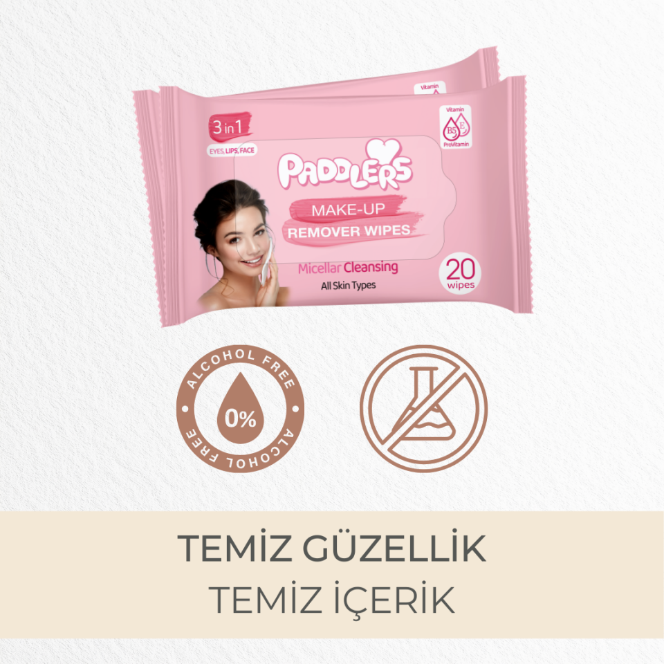Paddlers 3'ü 1 Arada Makyaj Temizleme Mendili 3x20 (60 Yaprak)