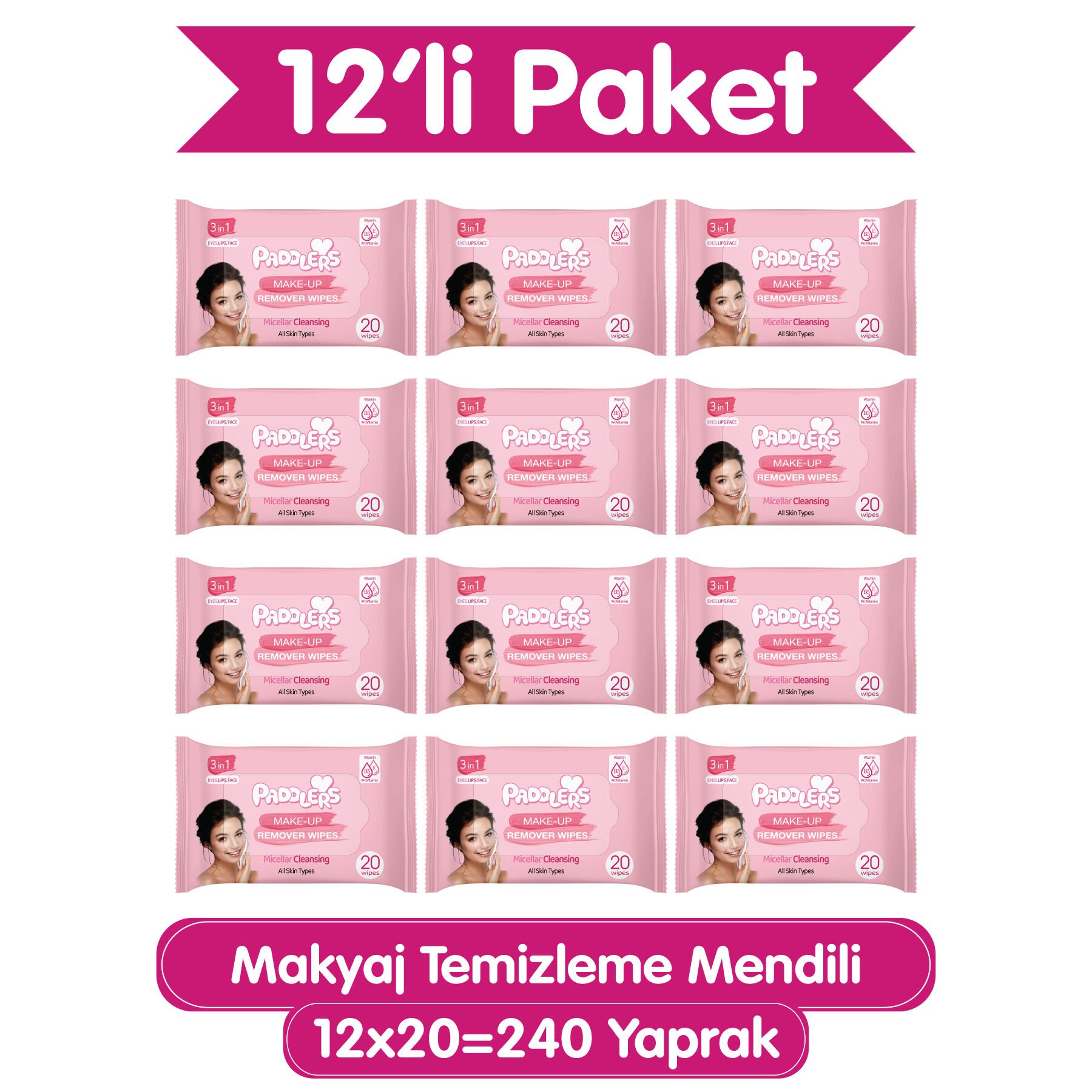 Paddlers 3'ü 1 Arada Makyaj Temizleme Mendili 12x20 (240 Yaprak)