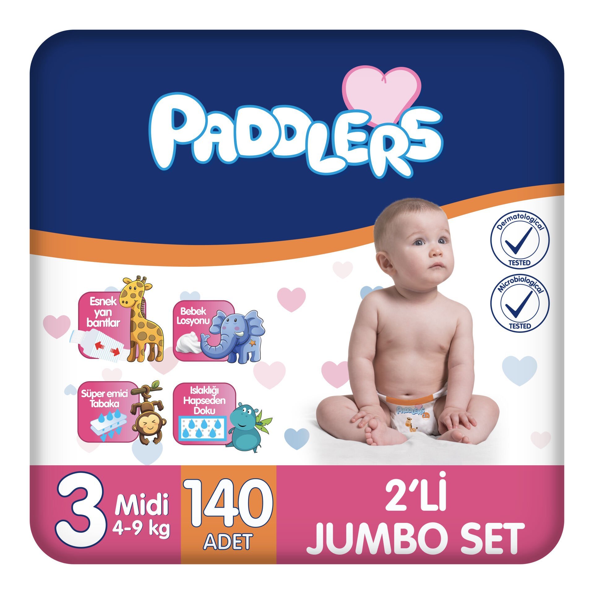 Paddlers Bebek bezi 3 Numara Midi 140 Adet (4-9 Kg) 2'li Jumbo Set