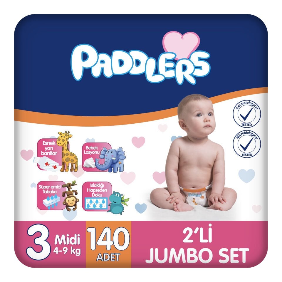 Paddlers Bebek bezi 3 Numara Midi 140 Adet (4-9 Kg) 2'li Jumbo Set
