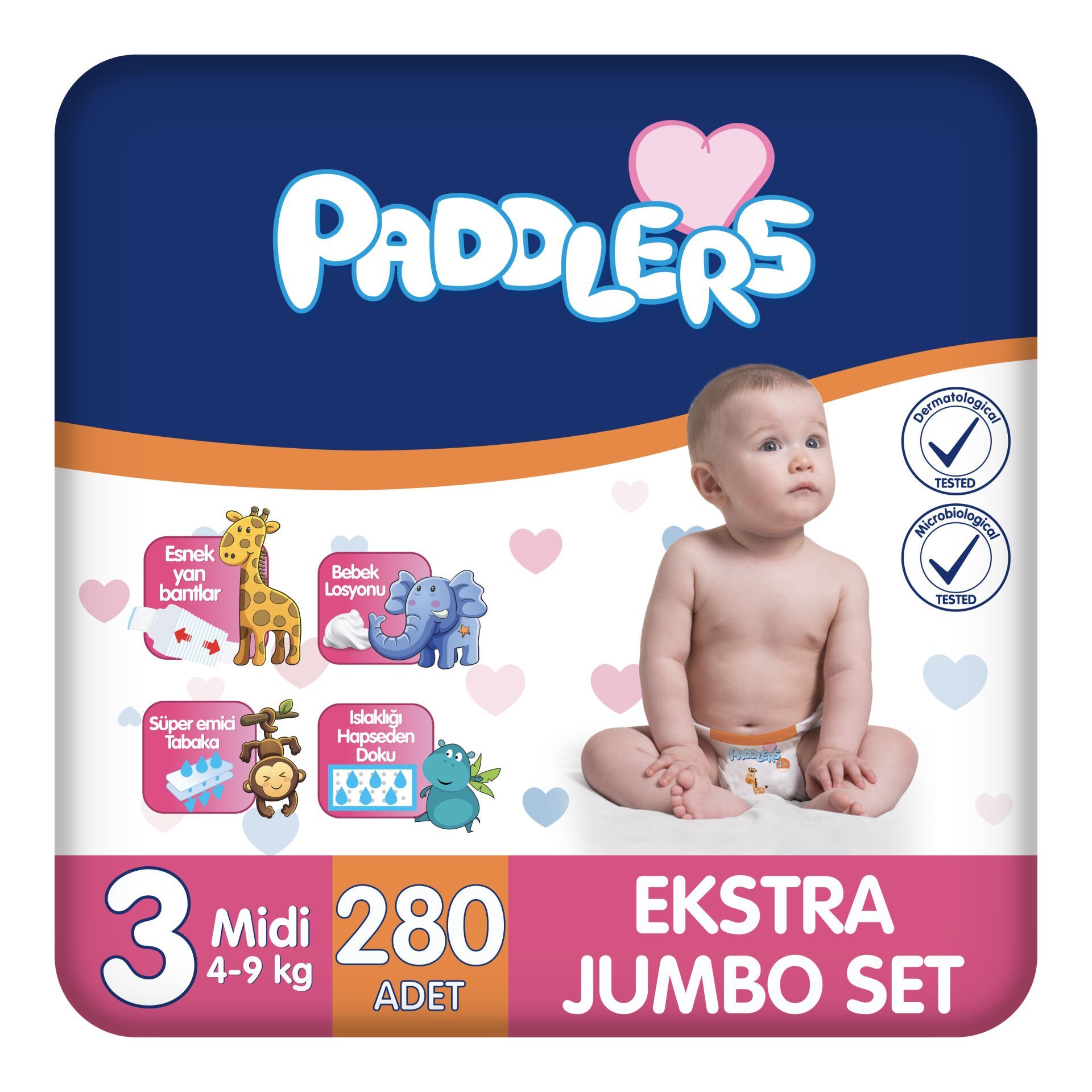 Paddlers Bebek bezi 3 Numara Midi 280 Adet (4-9 Kg) Ekstra Jumbo Set