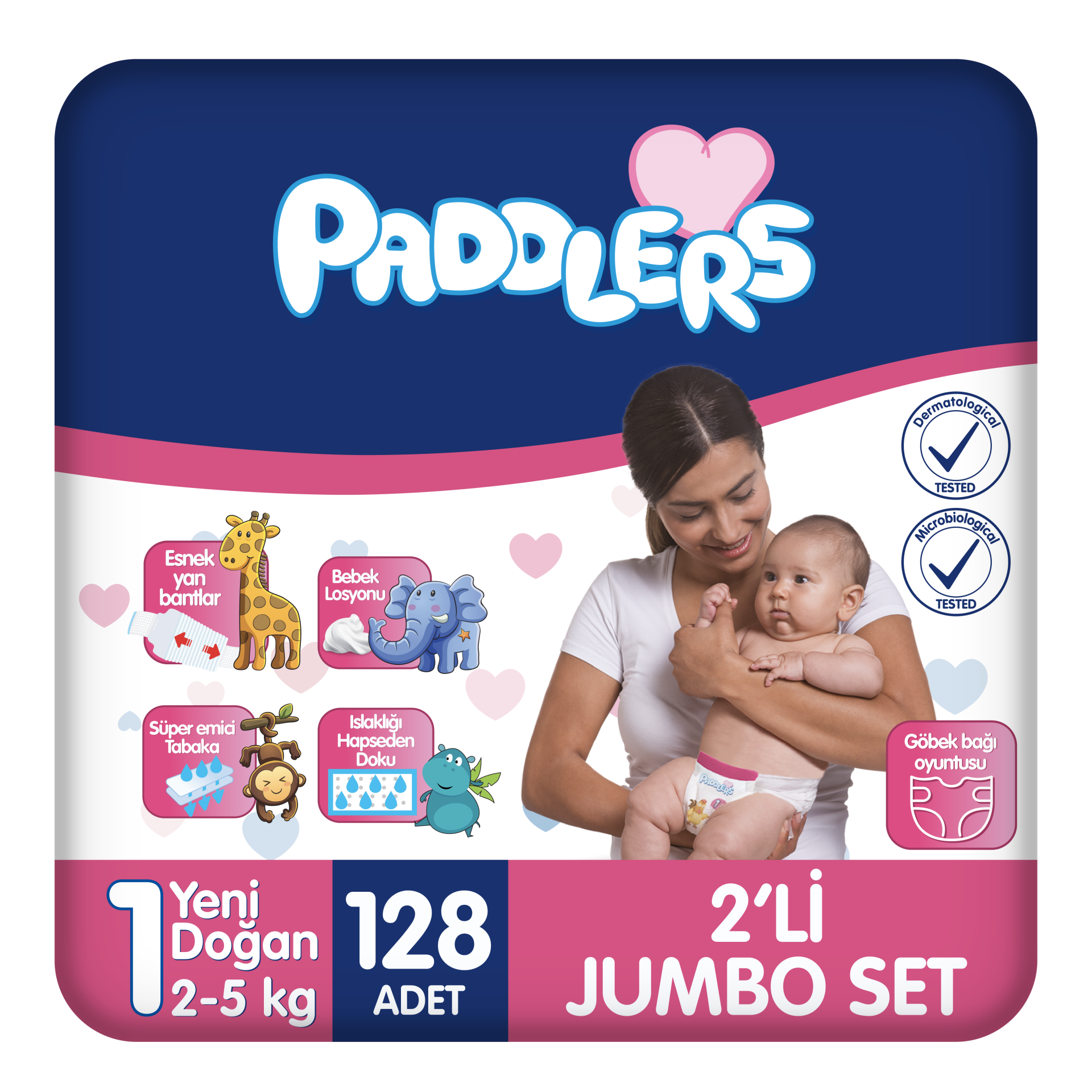 Paddlers Bebek Bezi 1 Numara Yenidoğan 128 Adet (2-5 Kg) 2'li Jumbo Set