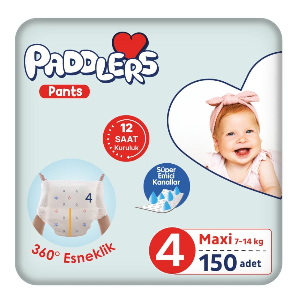 Paddlers Külot Bebek Bezi 4 Numara Maxi 150 Adet (7-14 Kg) Ekstra Aylık Paket