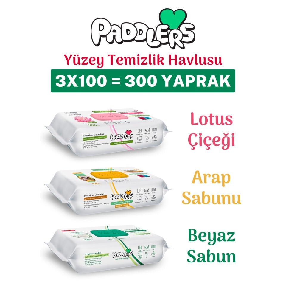 Paddlers Easy Clean Lotus Çiçeği & Arap Sabunu & Beyaz Sabun Katkılı Yüzey Temizlik Havlusu 3x100 (300 Yaprak)