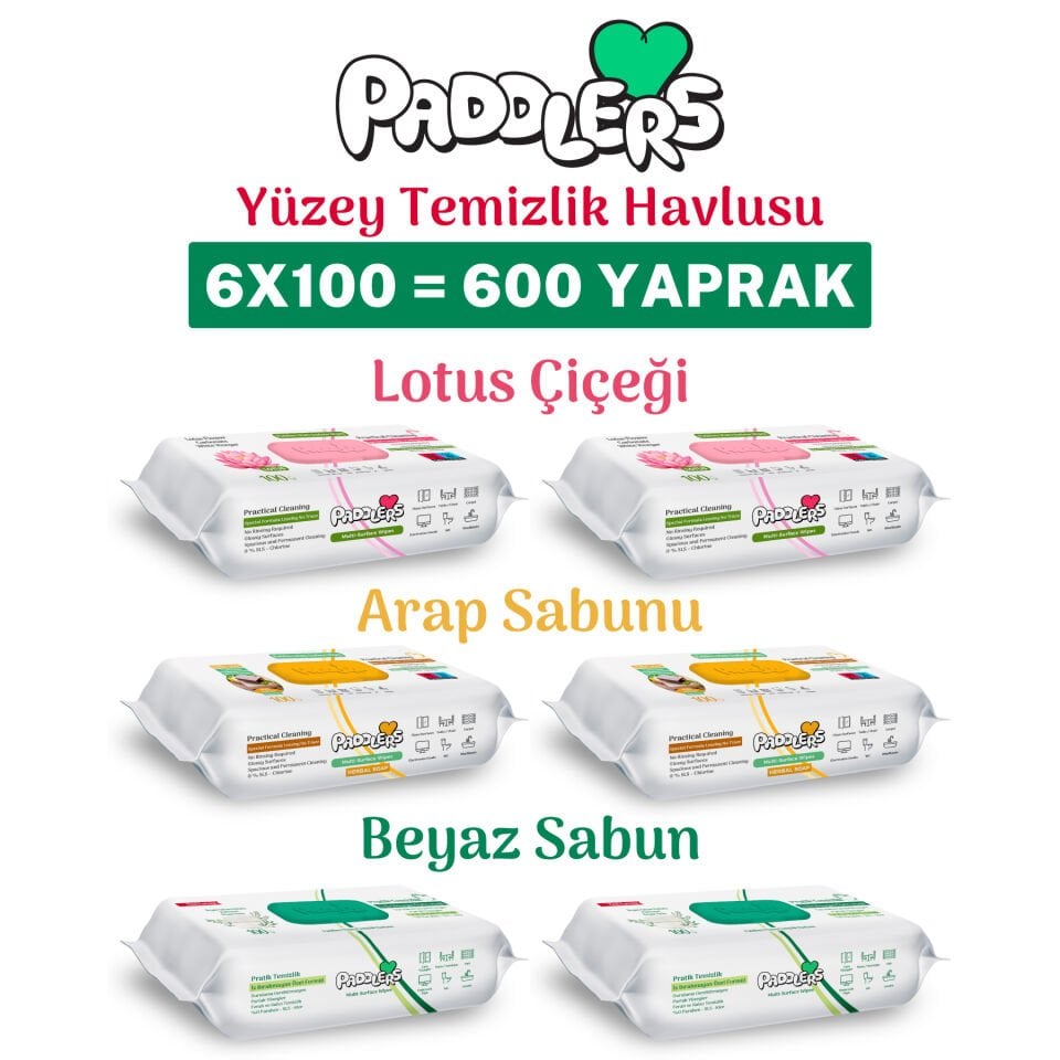 Paddlers Easy Clean Lotus Çiçeği & Arap Sabunu & Beyaz Sabun Katkılı Yüzey Temizlik Havlusu 6x100 (600 Yaprak)